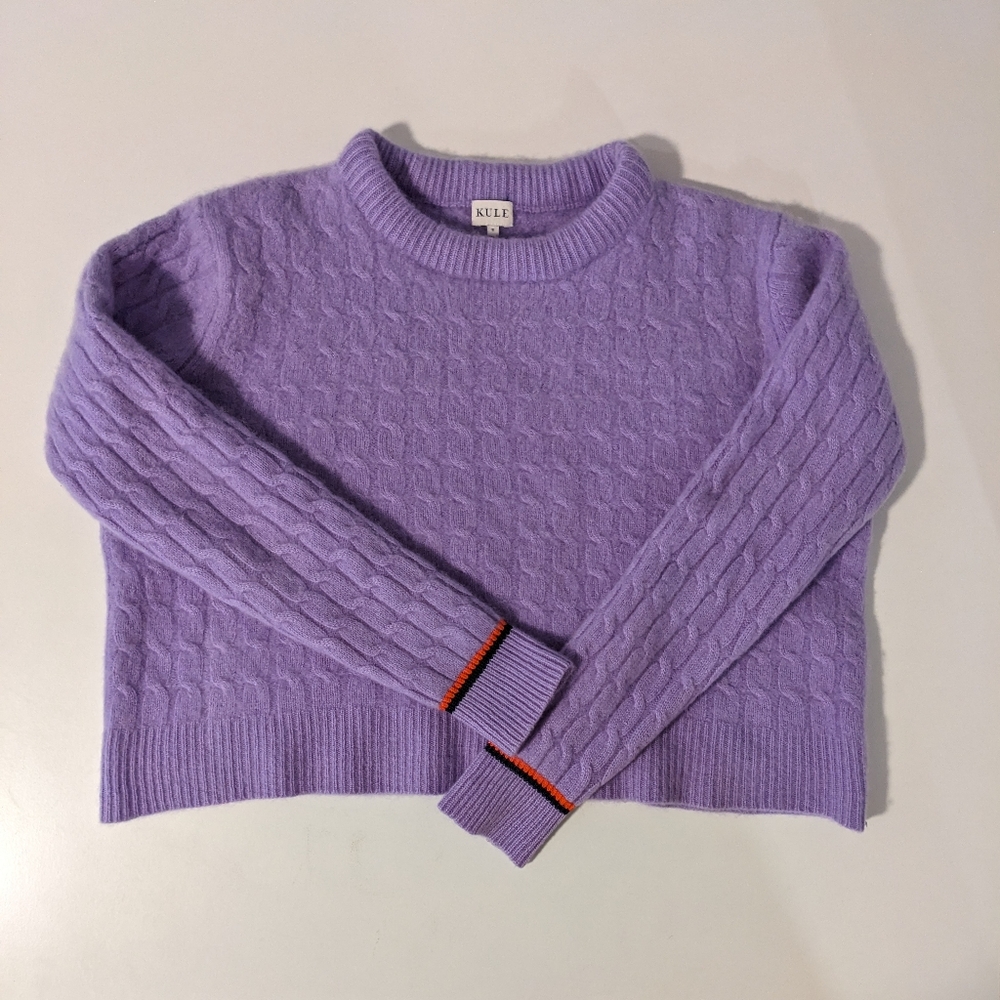 KULE Cashmere Cable Knit Sweater with Cuff Stripe | Lilac